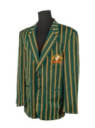 CRAIG McDERMOTT'S AUSTRALIAN TEST TEAM BLAZER, candy-striped pure wool. circa 1994-96, with the Australian coat-of-arms embroidered in silk to the pocket; made by Flaire, with "Billy" in pen to their label. Provenance: Charles Leski Auctions: 3 May 2010.