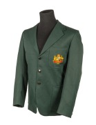 DOUG WALTERS' 1972 AUSTRALIAN TEST TEAM BLAZER in green light-weight wool, with the Australian coat-of-arms and the date "1972" embroidered in silk to the pocket; "D.W." in pen still visible to the inside lining. (Believed to have been issued to the team 