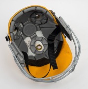 PAUL REIFFEL'S AUSTRALIAN TEAM ONE-DAY CRICKET HELMET: yellow fabric over the protective helmet, with the Australian coat-of-arms embroidered to the front panel; made by Albion with their "97-98" dated label at right on the protective grill. In very good - 6