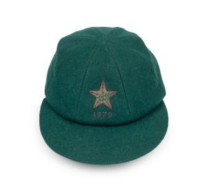 WASIM RAJA'S PAKISTAN TEST TEAM CRICKET CAP, with the Pakistan five-pointed star and the date "1979" embroidered to the front panel; made by Shaheen Cap House, Karachi, with their label to the crown and another label with "W.R." applied in pen. Wasim Raja appeared in 57 Test Matches for Pakistan between 1973 and 1985.