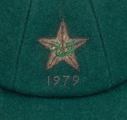 WASIM RAJA'S PAKISTAN TEST TEAM CRICKET CAP, with the Pakistan five-pointed star and the date "1979" embroidered&nbsp;to the front panel; made by Shaheen Cap House, Karachi, with their label to the crown and another label with "W.R." applied in pen. Wasim Raja - 2