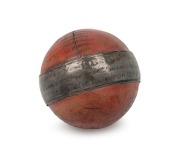 A 1907 trophy leather cricket ball with a silver panel affixed around the full circumference and engraved "LANCS. v KENT, MAY 23, 24 & 25, 1907 - Presented to H. Dean by Lancs. County C.C. - 9 WICKETS FOR 104 RUNS"; very good condition, considering its' a