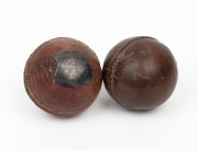 A presentation cricket ball&nbsp; with a silver shield affixed and engraved "PRESENTED TO W.G. HOLIDAY FOR PERFORMING THE HAT TRICK&nbsp; - SEASON 1899"; together with a mid-19th Century 2-part brown leather cricket ball with hand-sewn seam. (2 items). Provenance: 