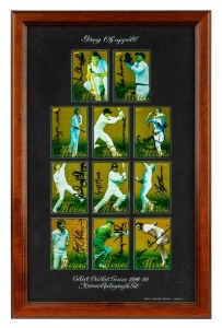 1998/99 "Select Cricket Series Heroes Autograph Set" of 9 cards, framed and presented to Greg Chappell (and including his card); all with original signatures. Only 150 of each issued. The other signatories include Ian Chappell, Rod Marsh, Geoff Marsh, Jeff Thomson and Alan Davidson.