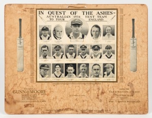"Australia's 1934 Test Team photographs", on the backing card of a 1934 calendar produced for Gunn & Moore, depicting two of their bats on each side of the Australian team's photographs; note that calendar is no longer present, overall 29 x 38cm.