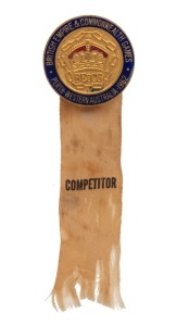 1962 Commonwealth Games in Perth, Allan Jay's Official Competitor's Badge, "BE&CG/British Empire and Commonwealth Games/Perth-Western Australia-1962", with yellow ribbon inscribed "COMPETITOR".