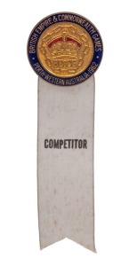 1962 Commonwealth Games in Perth, Official Competitor's Badge, enamelled with "British Empire & Commonwealth Games/Perth, Western Australia, 1962", with lilac ribbon printed "COMPETITOR". Ex Australia's Ian Browne, who won bronze in 1000m sprint (cycling).