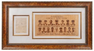 1938 "AUSTRALIA'S CRICKET TEST TEAM" framed display featuring a fully signed official Australian Team sheet, accompanied by a printed advertisement for a laundry service ("Well Laundered Sportswear Gives Confidence") with photographs of all sixteen in the Australian 1934 squad. Overall 52 x 97cm.