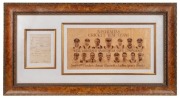 1938 "AUSTRALIA'S CRICKET TEST TEAM" framed display featuring a fully signed official Australian Team sheet, accompanied by a printed advertisement for a laundry service ("Well Laundered Sportswear Gives Confidence") with photographs of all sixteen in the