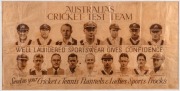 1938 "AUSTRALIA'S CRICKET TEST TEAM" framed display featuring a fully signed official Australian Team sheet, accompanied by a printed advertisement for a laundry service ("Well Laundered Sportswear Gives Confidence") with photographs of all sixteen in the - 3