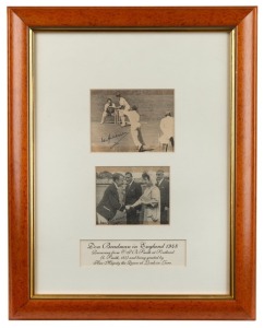 313 · DON BRADMAN IN ENGLAND 1948: Two magazine pictures (Bradman at the wicket and meeting the Queen), both signed in pen by Bradman and presented in a glazed frame; overall 43 x 34cm.