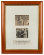 DON BRADMAN IN ENGLAND 1948: Two magazine pictures (Bradman at the wicket and meeting the Queen), both signed in pen by Bradman and presented in a glazed frame; overall 43 x 34cm.