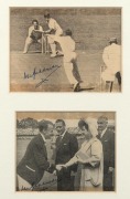 DON BRADMAN IN ENGLAND 1948: Two magazine pictures (Bradman at the wicket and meeting the Queen), both signed in pen by Bradman and presented in a glazed frame; overall 43 x 34cm. - 2