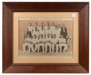A newspaper or magazine colourized reproduction of the photo of the English cricketers and officials, 1932, who came to Australia to attempt to win back the Ashes, in what was to become known as the "Bodyline Series"; attractively framed and glazed, overall 48 x 58cm.