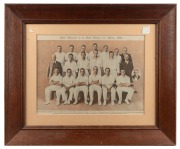 A newspaper or magazine colourized reproduction of the photo of the English cricketers and officials, 1932, who came to Australia to attempt to win back the Ashes, in what was to become known as the "Bodyline Series"; attractively framed and glazed, overa