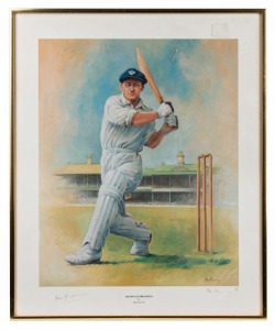 DON BRADMAN, print "Sir Don Bradman" by Alan Fearnley (Bradman wearing NSW cap with SCG in background), signed by Don Bradman & the artist, limited edition 339/850, framed and glazed, overall 58 x 47cm.