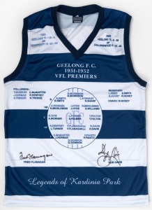 GEELONG F.C. 1951-1952 VFL PREMIERS COMMEMORATIVE JERSEY: "Legends of Kardinia Park", signed by Fred Flanagan and Bob Davis at a private signing in 2006.