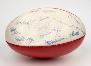 A Ross Faulkner MATCH 'native brand' football in South Melbourne - Swans colours, circa mid-1980s, signed by greats including Graham Teasdale, Barry Round, Terry Daniher, Terry O'Neill, Wayne Evans, Ricky Quade, Ian Stewart, Max Robertson, Gary Brice, and - 2