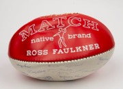 A Ross Faulkner MATCH 'native brand' football in South Melbourne - Swans colours, circa mid-1980s, signed by greats including Graham Teasdale, Barry Round, Terry Daniher, Terry O'Neill, Wayne Evans, Ricky Quade, Ian Stewart, Max Robertson, Gary Brice, and - 3
