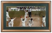 "BREAK THROUGH SHANE WARNE - THE WORLD RECORD" display celebrating Shane Warne's 533rd Test Wicket surpassing the world record then held by Muralitharan; signed by Warne and accompanied by a PWC CofA, numbered 19/350. Framed and glazed 48 x 77cm overall.