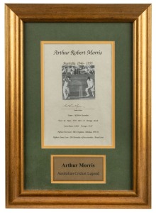 Alan Davidson and Arthur Morris individual signed displays featuring action photographs and details of their careers; individually framed and glazed, both with CoA's, 45 x 50cm and 55 x 40cm. (2 items)