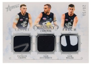 2024 SELECT SUPREMACY TRIPLE PATCH: Card for Carlton's Patrick Cripps, Sam Doherty, and Sam Walsh (TP3 #20/50).