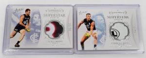 SELECT SUPREMACY SUPERSTAR PATCH CARDS: Two limited-edition cards - one 2019 card for Sam Docherty (SP3 #24/70) and one 2021 card for Patrick Cripps (SP3 #10/70). (2 items)