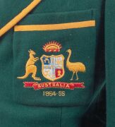 THE 1954-55 AUSTRALIAN TEST TEAM CRICKET BLAZER WORN BY LEN MADDOCKS, during the Test Series against the West Indies, green wool with gold piping, the Australian coat-of-arms, and the date "1954-55" embroidered in silk to the jacket pocket; attractively p - 2