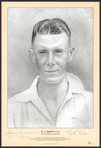 1948 INVINCIBLES: Seven matching reproduction portraits by BIL, each featuring a member of the team, signed by the cricketer and the artist, and all numbered 134/200. The team members are Bill Brown, Sam Loxton, Arthur Morris, Bill Johnston, Ernie Toshack, Neil Harvey, and Ron Hamence. Each print 35 x 24cm in large envelope with CoA. (7 items)