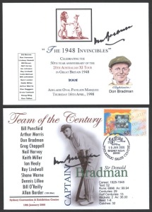 A collection of autographs on cards, envelopes, pictures, etc., including Bill Johnston, Kim Hughes, Bill Brown, Allan Border, Doug Ring, Neil Harvey, Ray Lindwall, Ian Chappell, Lindsay Hassett, Keith Miller, Gary Sobers, Ron Hamence, Arthur Morris, Bill O'Reilly, Ernie Toshack, Harold Larwood, Colin Cowdrey, Richie Benaud, Don Bradman (2), etc.