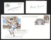 A collection of autographs on cards, envelopes, pictures, etc., including Bill Johnston, Kim Hughes, Bill Brown, Allan Border, Doug Ring, Neil Harvey, Ray Lindwall, Ian Chappell, Lindsay Hassett, Keith Miller, Gary Sobers, Ron Hamence, Arthur Morris, Bill - 3