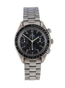OMEGA "SPEEDMASTER" automatic chronograph wristwatch in stainless steel case with black dial, baton numerals and black tachymeter, with red Omega case, 4.1cm wide including crown