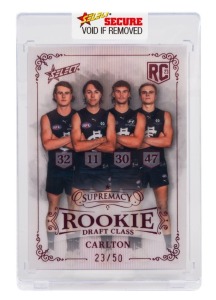 2023 SELECT SUPREMACY CARLTON ROOKIE CARDS for Oliver Hollands (RPB11 #26/75), Jaxon Binns (RPB32 #20/75), Lachlan Cowan (RPB30 #58/75), Harry Lemmey (RPB47 #34/75), together with the Select Supremacy Rookie Draft Class Carlton 2022 Draft Picks card (RDC3
