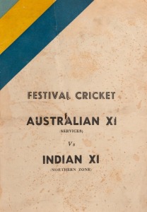 October 1945: The match between an INDIAN XI (Northern Zone) and an AUSTRALIAN XI (Services) at Lahore, was one of eight first-class matches played in India and known as "Festival Cricket": A souvenir programme printed at The Kapur Art Printing Works, Lahore, with details of the two teams, details of the games previously played between India and England, details of the organizing committee and numerous advertisements. Attractively re-bound preserving the original paper covers.
