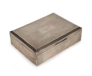 1948 AUSTRALIAN TOUR TO ENGLAND: Silver presentation cigarette box, engraved on lid "Presented To Mr W. A. BROWN, A Member of the 1948 Australian Team, by the Australian Board of Control for International Cricket. To Commemorate the Team's Achievement in Not Losing a Match Throughout the Tour, February, 1949". 16.5cm high, 12.5cm wide, 5cm deep.