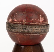 ARTHUR MORRIS: Mounted presentation cricket ball with a sterling silver ring engraved "PRESENTED BY NEW SOUTH WALES Cricket Associated To A. R. MORRIS in Recognition of His World's Record Performance, a Century in Each Innings (146 and 111) of His 1st Cla - 3