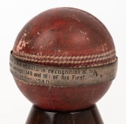 ARTHUR MORRIS: Mounted presentation cricket ball with a sterling silver ring engraved "PRESENTED BY NEW SOUTH WALES Cricket Associated To A. R. MORRIS in Recognition of His World's Record Performance, a Century in Each Innings (146 and 111) of His 1st Cla - 4