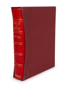 "PAGEANT OF CRICKET" by David Frith with a Foreward by Sir Donald Bradman AC, [London : Macmillan, 1987], de-luxe leather-bound edition in original cloth-bound slipcase; this being No.74 of 200; signed by Bradman and Frith to a pastedown label to the inside front cover.