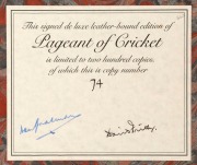 "PAGEANT OF CRICKET" by David Frith with a Foreward by Sir Donald Bradman AC, [London : Macmillan, 1987], de-luxe leather-bound edition in original cloth-bound slipcase; this being No.74 of 200; signed by Bradman and Frith to a pastedown label to the insi - 2