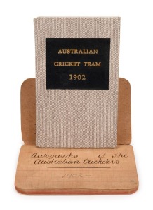 "AUTOGRAPHS OF THE AUSTRALIAN CRICKETERS" 1902: Small autograph book containing the signatures of all eleven players signed to individual pages including Victor Trumper, Joe Darling, Clem Hill, Hugh Trumble and Warwick Armstrong. Housed in attractive custom made box with embossed leather panel.