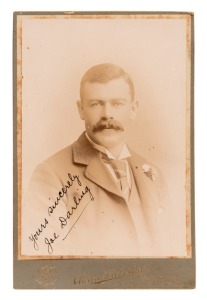 JOSEPH DARLING (1870-1946): A cabinet card albumen paper photograph laid down on an Aaron Pickering (Leicester) card; signed and dedicated by Joe Darling. Overall, 16.5 x 10.5cm.