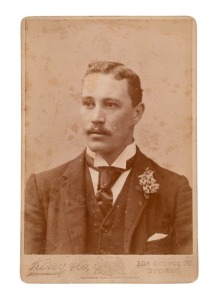 ALEXANDER CECIL KNOX MacKENZIE (1870-1947): An albumen paper photograph laid down on a Kerry & Co. backing card. Signed and dated 1894 as a presentation to Bannerman. The photograph 16.5 x 10.5cm. Mounted, 29.5 x 24cm overall.Alexander Cecil Knox Mackenzie was an Australian cricketer. He played 48 first-class matches for New South Wales and Rest of Australia between seasons 1888/89 and 1906/07.