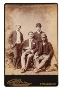 THE AUSTRALIANS IN ENGLAND 1888: A rare studio portrait of J.D. Edwards, Alick Bannerman, Jack Lyons and Jack Blackham taken at Scarborough, which the Australian team visited to play a match against Thornton's XI, 4 - 6 September 1893. The match was drawn, with Giffen taking 9 wickets, Trumble taking 6, with Bannerman (74) and Graham (95) the best performing Australian batsmen. The image laid down on a cabinet card; overall 16.5 x 10.5cm.