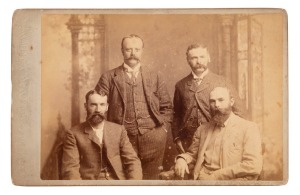 An original albumen paper photograph laid down on a G. West & Son (Swansea) cabinet card, circa 1888. The image depicts a studio portrait of the Australian cricketers, Jack Blackham, William Murdoch, H.H. Hyslop and Harry Boyle. Overall 10.5 x 16.5cm.
