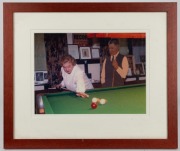 WALTER LINDRUM chromolithograph vintage cardboard cutout, near life size, 164cm high; Together with a framed photograph of the cutout and Dolly Lindrum playing billiards in the billiard room at the Albert Park house, overall 45 x 55cm. (2 items). - 3