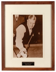 Goldfields Sporting Hall of Fame, Initial Inductee, 2005: Walter Lindrum: Official photograph, framed and glazed with title plaque, overall 45 x 34.5cm; Together with a framed "Sport Australia Hall of Fame... Legend of Australian Sport" framed certificate, 65 x 51cm overall. (2 items) PROVENANCE: Walter Lindrum's billiards room at his Albert Park home.