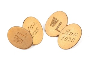 WALTER LINDRUM'S pair of 15ct gold cufflinks by Stewart, presented to Lindrum with his initials and dated "Aug. 1926". 9.9 grams.