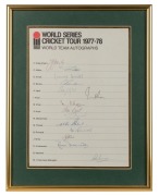 WORLD SERIES CRICKET TOUR 1977-78: official team sheet for the WORLD TEAM, with 15 signatures including Greig, Abbas, I. Khan, Barlow and Richards. Framed & glazed, overall 37.5 x 29.5cm.