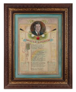 WALTER LINDRUM O.B.E.: Hand-painted illuminated display of lindrum's achievements with Lindrum portrait in cartouche, signed "W. J. Carroll", 80 x 64cm framed overall