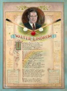 WALTER LINDRUM O.B.E.: Hand-painted illuminated display of&nbsp;lindrum's achievements with Lindrum portrait in cartouche, signed "W. J. Carroll", 80 x 64cm framed overall - 2